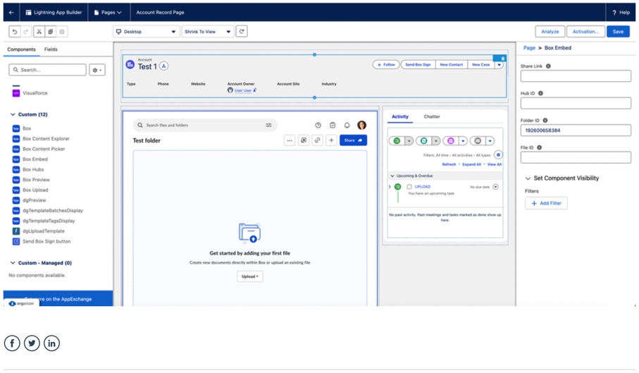 Salesforce Object Manager showing the Box component being dragged onto the Account page layout.j