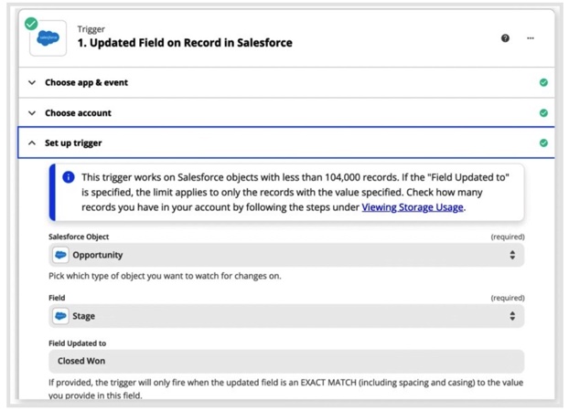 Zapier or Make automation flow showing Salesforce trigger connected to Box action