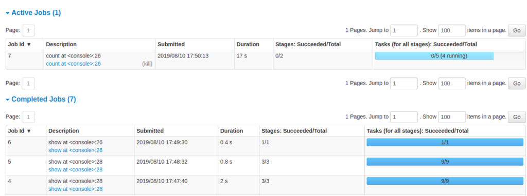 Screenshot of Apache Spark Jobs UI showing one active job and seven completed jobs Apache Spark Jobs UI – 1 active job and 7 completed jobs