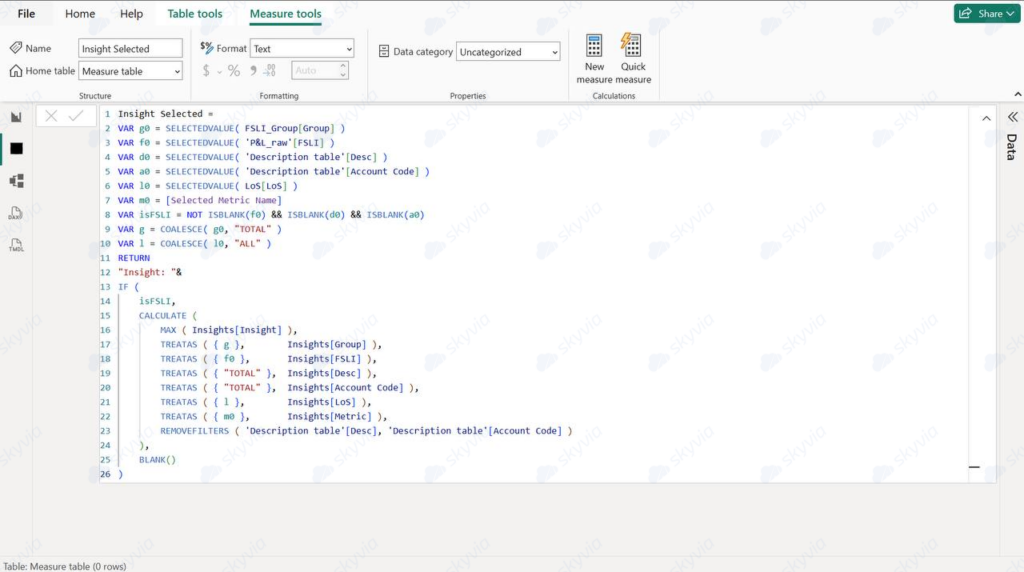 A screenshot of a complex DAX formula window inside Power BI Complex DAX formula in Power BI