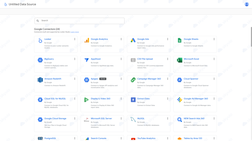 Screenshot of Looker Studio data source connector selection screen Looker Studio – Google Connectors data source selection