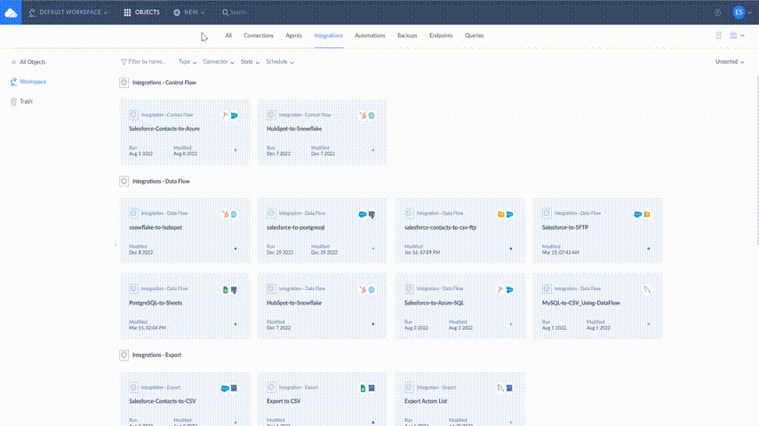 Animated steps for setting source and target connections for an import in Skyvia