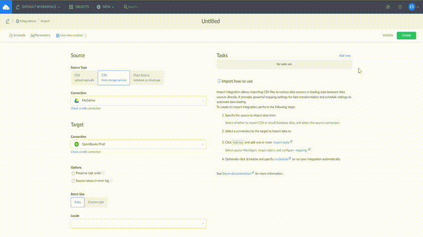 Animated steps for mapping CSV columns to QuickBooks fields in Skyvia