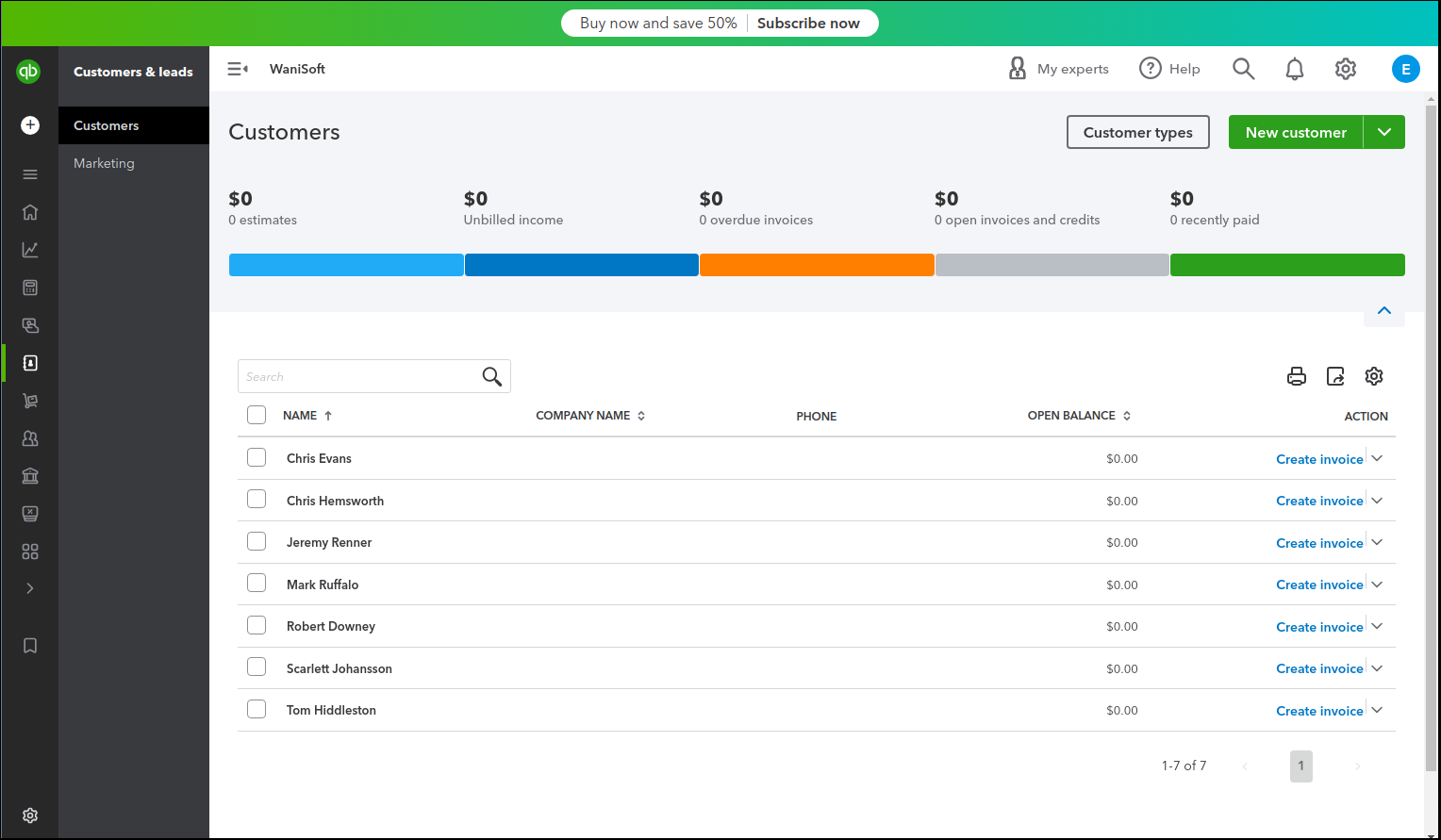QuickBooks Online customer list showing the imported customer records