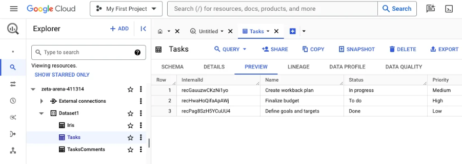Screenshot of the Google BigQuery console showing a Preview of the Tasks table BigQuery Preview of Tasks Table with Airtable Record IDs