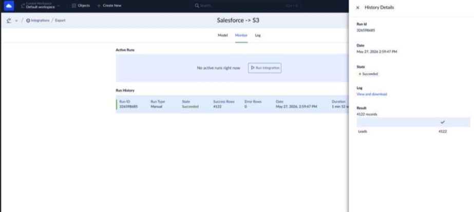 Skyvia Monitor showing a successful Salesforce-to-S3 export