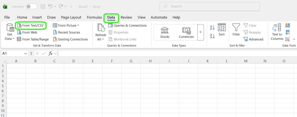 Excel data from text
