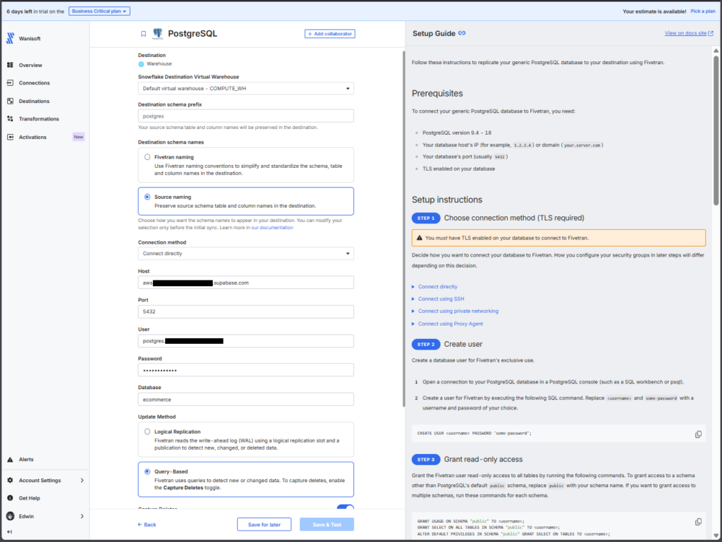 Fivetran PostgreSQL connection
