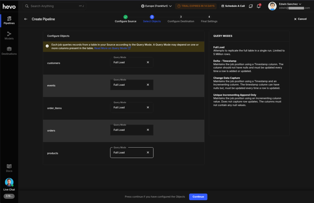 Hevo Data Query Mode