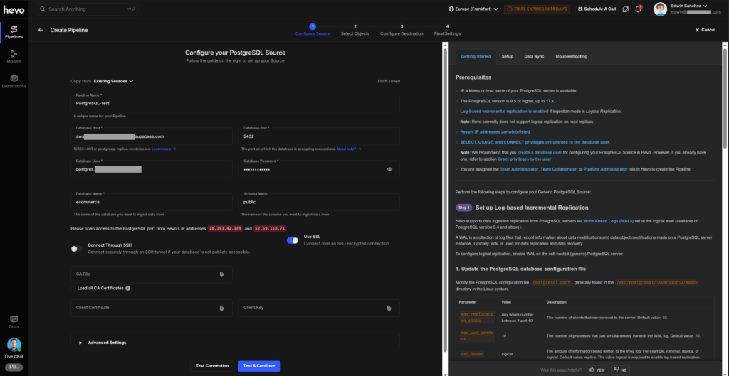 Hevo Data PostgreSQL connection