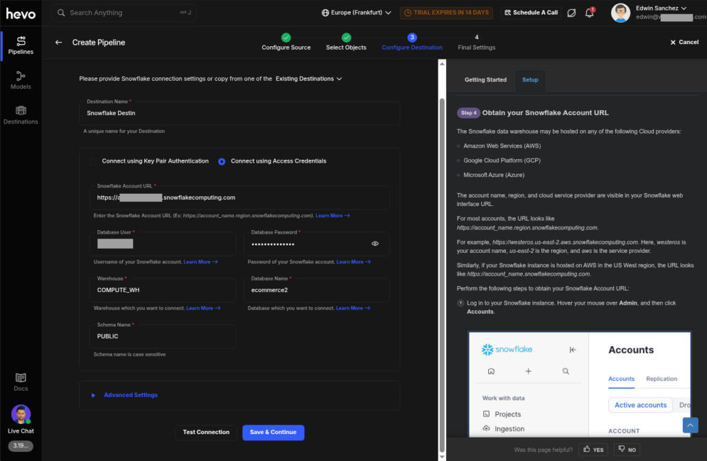 Hevo Data Snowflake connection