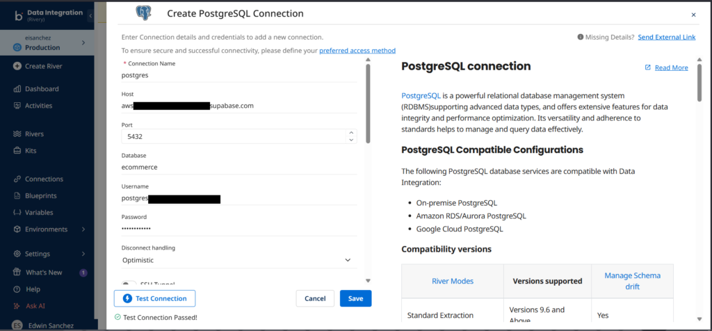 Rivery PostgreSQL connection