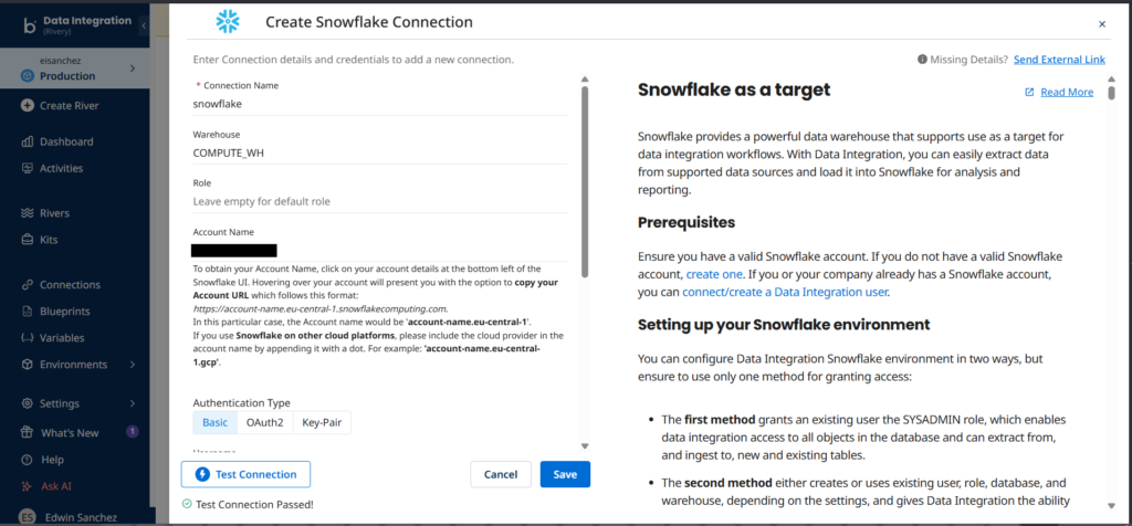 Rivery Snowflake connection