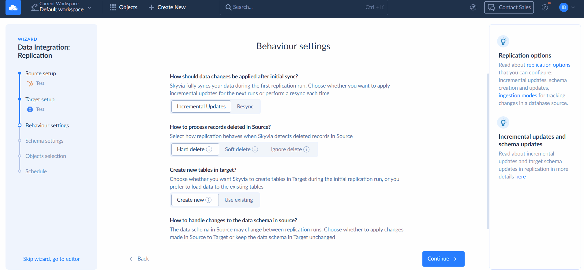 How to set up a source and destination in Skyvia Replication GIF Setting up a source and destination for Skyvia Replication