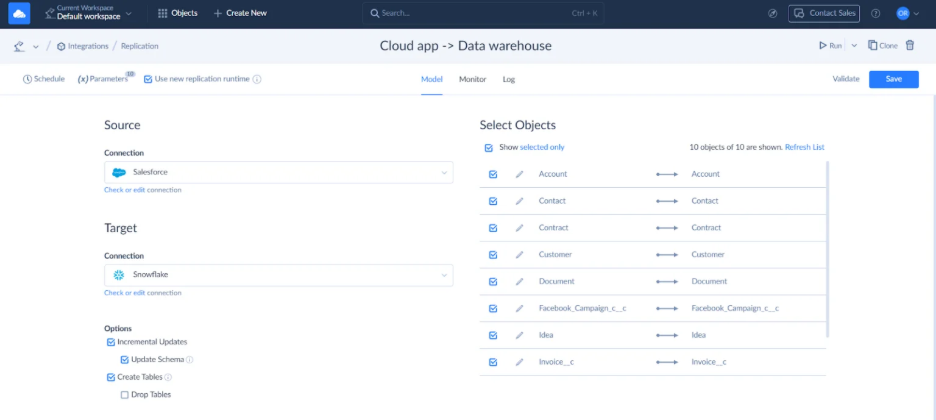 Configuring a Salesforce to Snowflake Cloud App Replication Integration in Skyvia Skyvia's "Cloud app to Data warehouse" replication setup showing Salesforce selected as the source connection and Snowflake as the target