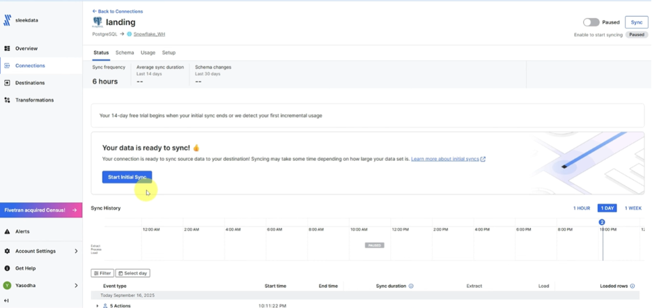 Fivetran – "landing" PostgreSQL to Snowflake connection status showing paused sync and initial sync prompt Fivetran connection dashboard for a PostgreSQL to Snowflake sync
