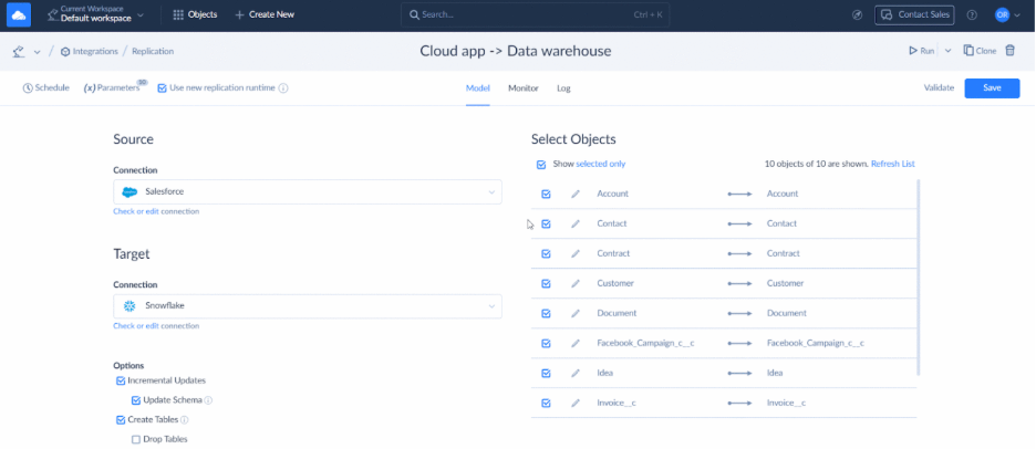 Editing a Salesforce to Snowflake Replication Task in Skyvia's Task Editor Animated GIF demonstrating how to edit a replication task in Skyvia's task editor