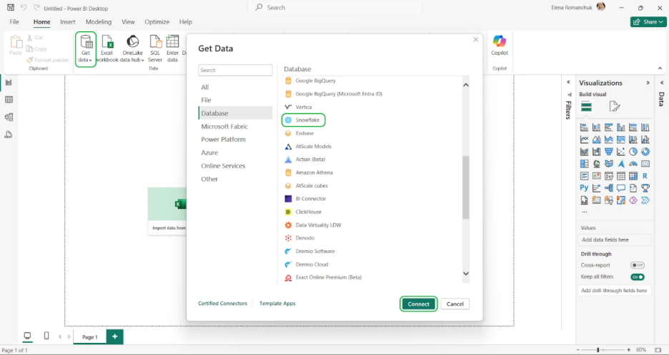Selecting Snowflake as a Database Source in Power BI Desktop's Get Data Dialog Screenshot of Power BI Desktop's "Get Data" dialog opened to the Database category