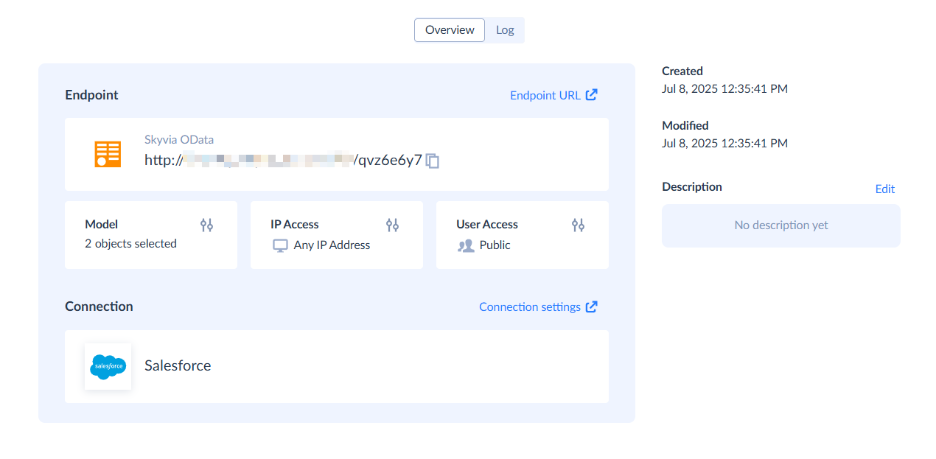 Skyvia OData Endpoint Overview with Salesforce Connection Details Screenshot of a Skyvia OData Endpoint overview page