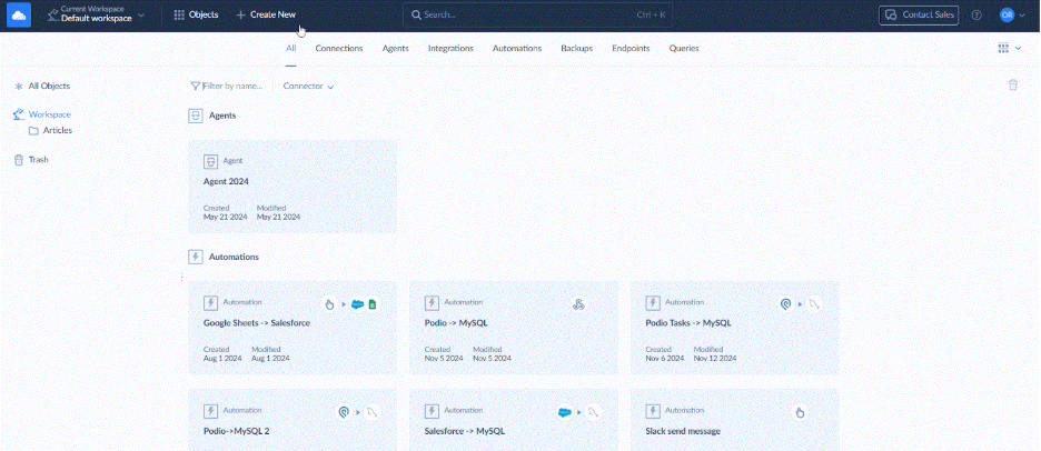 Creating a New Connection in Skyvia's Default Workspace Dashboard Animated GIF demonstrating how to create a new connection in Skyvia, starting from the Default Workspace dashboard where existing agents and automations are visible