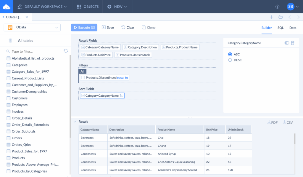 Screenshot of Skyvia's OData Query Builder interface showing a query configured with result fields including Category Name, Category Description, Product Name, Unit Price, and Units In Stock OData Query Builder with Filtered Product Results – Skyvia