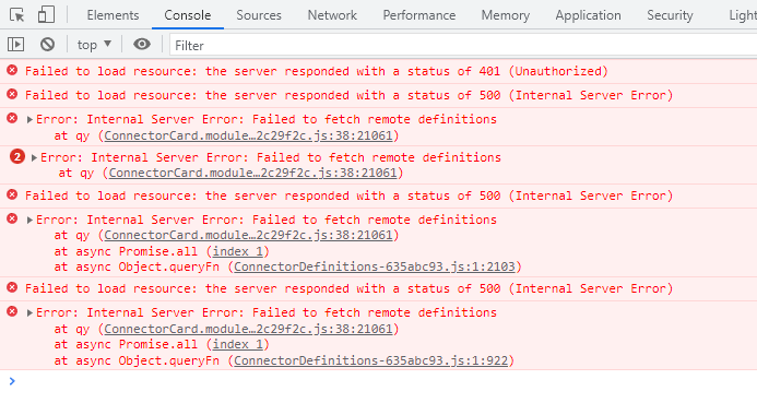 Airbyte "Failed to Fetch Remote Definitions" Internal Server Error in Browser Console Screenshot of a browser developer console showing repeated Airbyte errors including 401 Unauthorized, 500 Internal Server Error, and "Failed to fetch remote definitions" messages traced to ConnectorCard and ConnectorDefinitions files