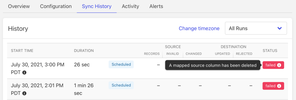 Failed Sync History with Deleted Source Column Error in Fivetran Screenshot of Fivetran's Sync History tab showing two failed scheduled syncs, with one displaying the error "A mapped source column has been deleted"