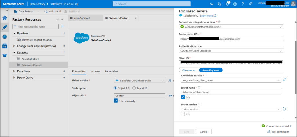 Salesforce dataset and linked service