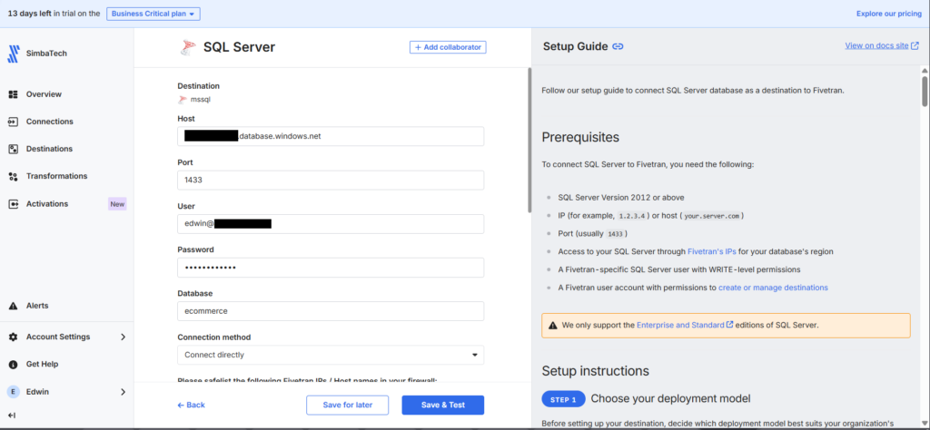 SQL source in Fivetran