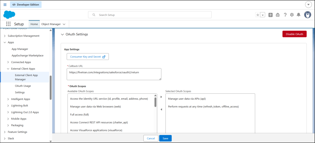 External Client App settings in Salesforce
