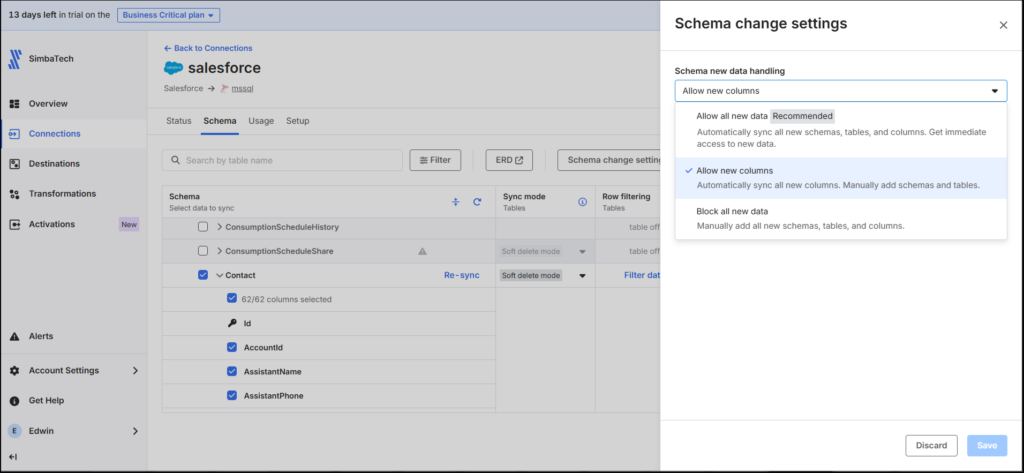 schema setup that includes the Salesforce Contact and the Schema Change Settings