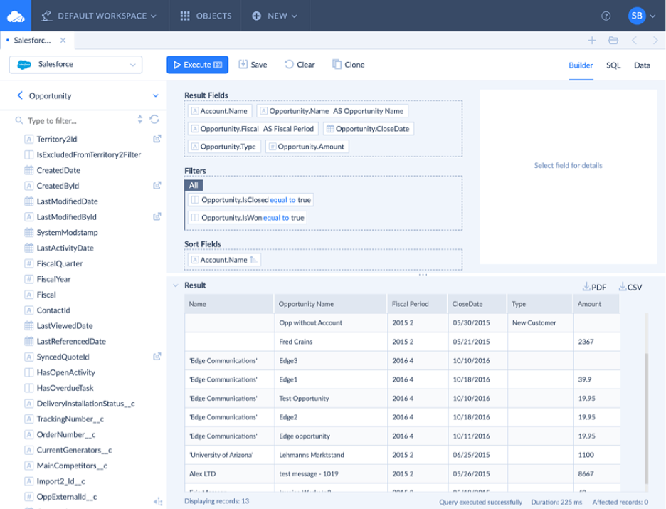 Querying Salesforce Opportunity Data in Skyvia's Visual Query Builder Screenshot of Skyvia's visual Query Builder filtering closed and won Salesforce Opportunities, with results displaying 13 records in a table below