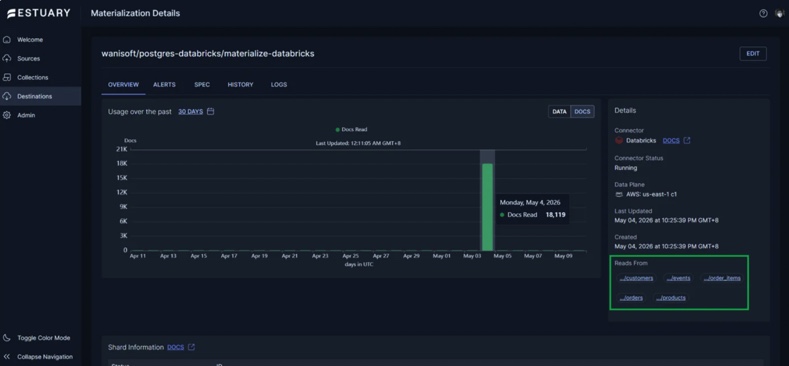 Estuary Databricks materialization monitoring and processed rows).