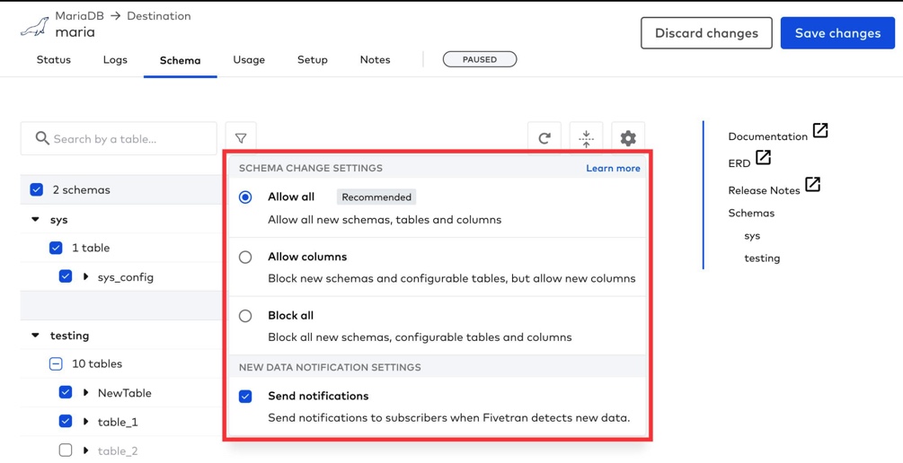Fivetran schema changes