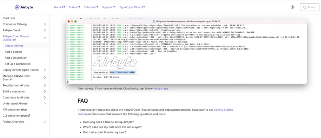Airbyte Docker Compose deployment – successful startup terminal output at localhost:8000 Airbyte Open Source QuickStart documentation page showing a terminal window with Docker Compose startup logs