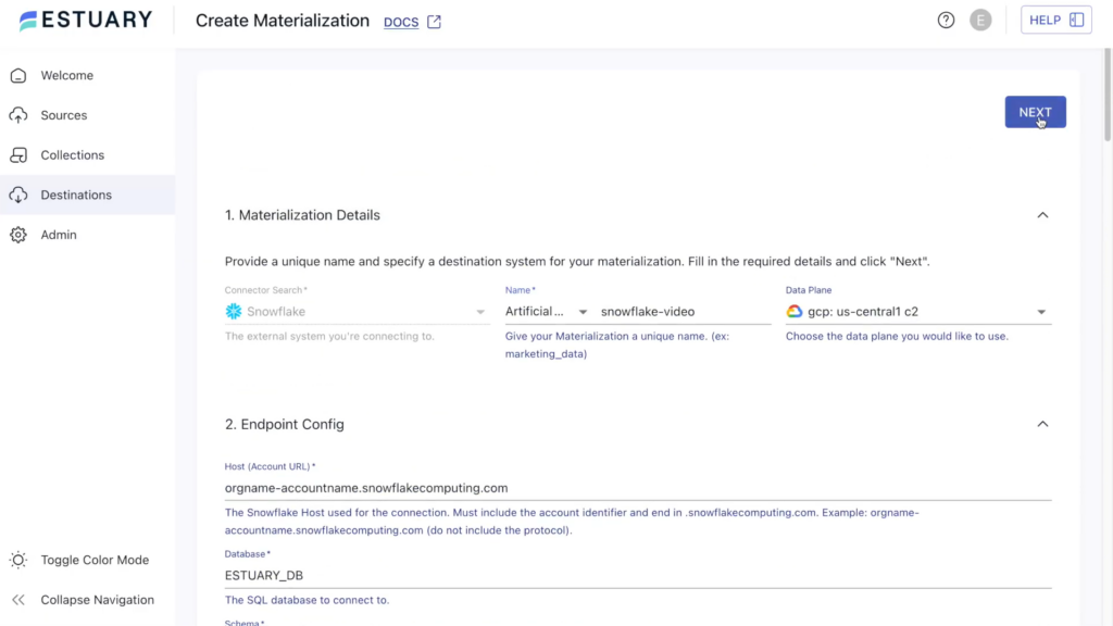 Estuary Flow – Create Materialization setup for Snowflake destination with GCP us-central1 c2 data plane Estuary Flow Create Materialization page