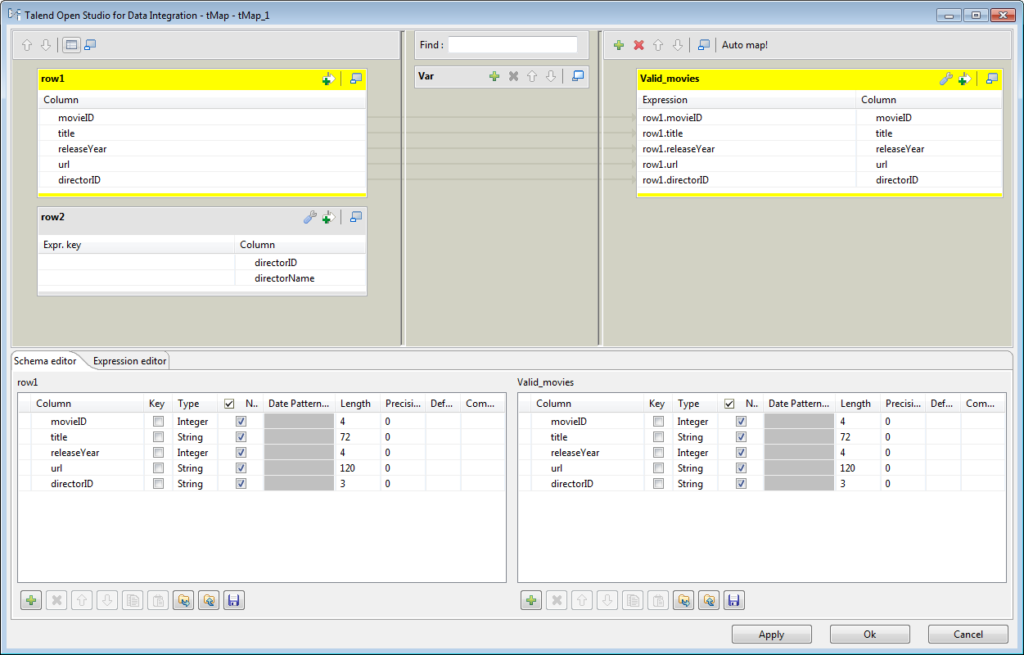Talend tMap editor – row1 and row2 input schemas mapped to Valid_movies output with Schema editor view Talend Open Studio for Data Integration tMap editor showing a field mapping