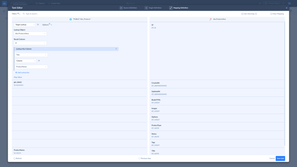 Skyvia Mapping Definition – Target Lookup configuration linking dbo_Products to dbo.ProductsNew Skyvia Task Editor showing Mapping Definition step