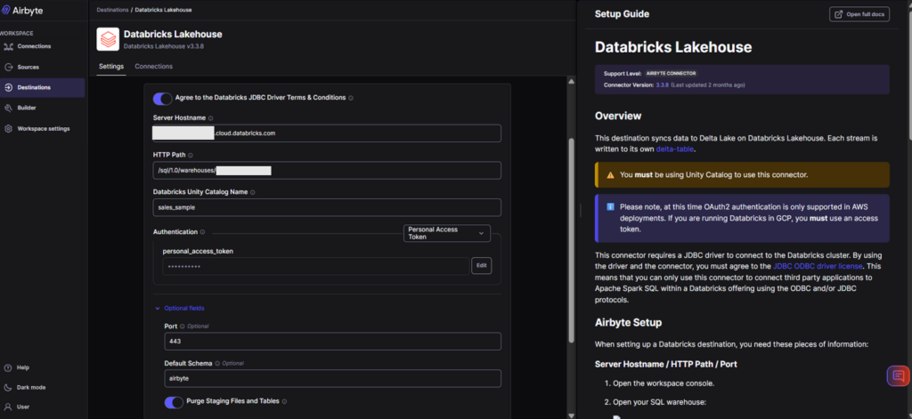 Airbyte Databricks connection