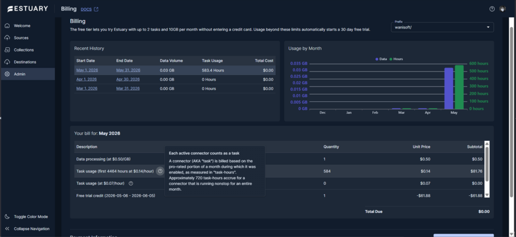 Estuary billing page