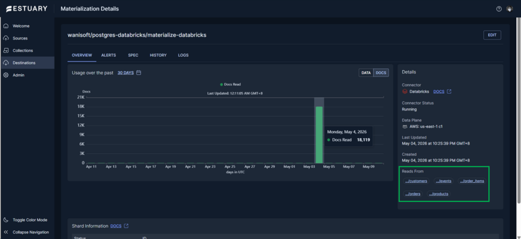 Estuary Databricks Materalization details
