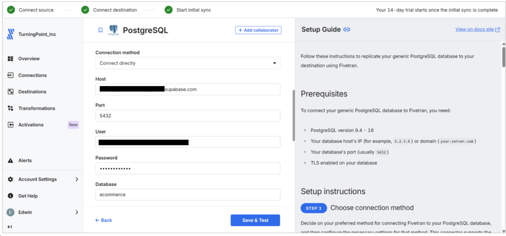 Fivetran PostgreSQL connection