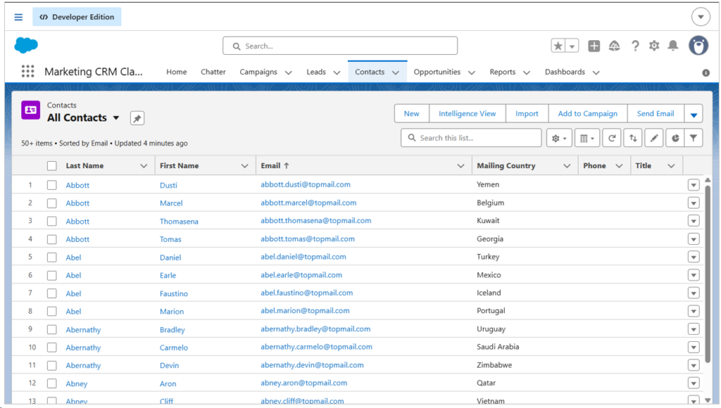 Salesforce Developer edition Contacts