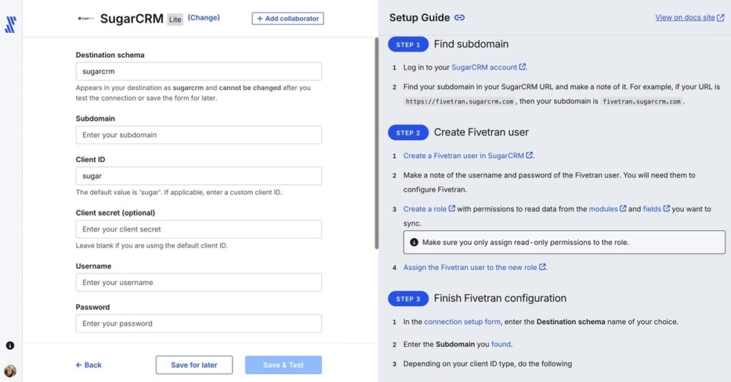 Fivetran connector setup screen showing SugarAI source configured
