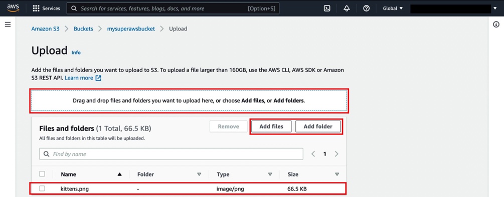 AWS S3 console open with the exported CSV being manually uploaded