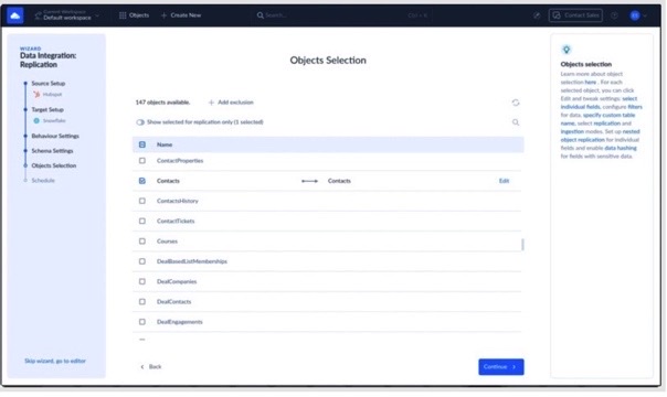 HubSpot Contacts to replicate in Snowflake in Skyvia