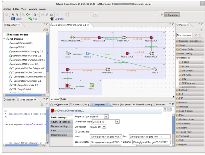 Talend Studio interface showing a complex data transformation pipeline.