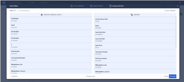 Skyvia Dashboard showing the visual mapping interface connecting a CSV file to a NetSuite object.