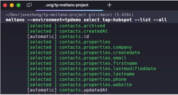 Meltano CLI pipeline setup and sync execution inside termina