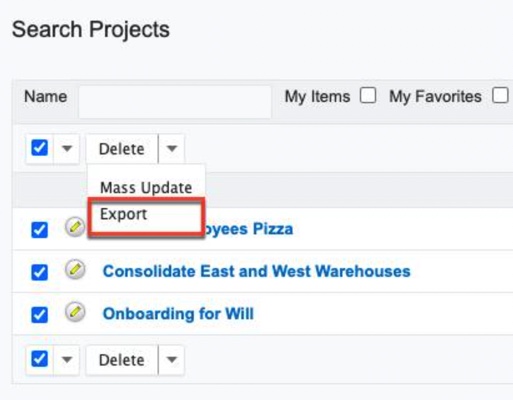 SugarAI interface showing the Actions → Export button in the Contacts or Reports module